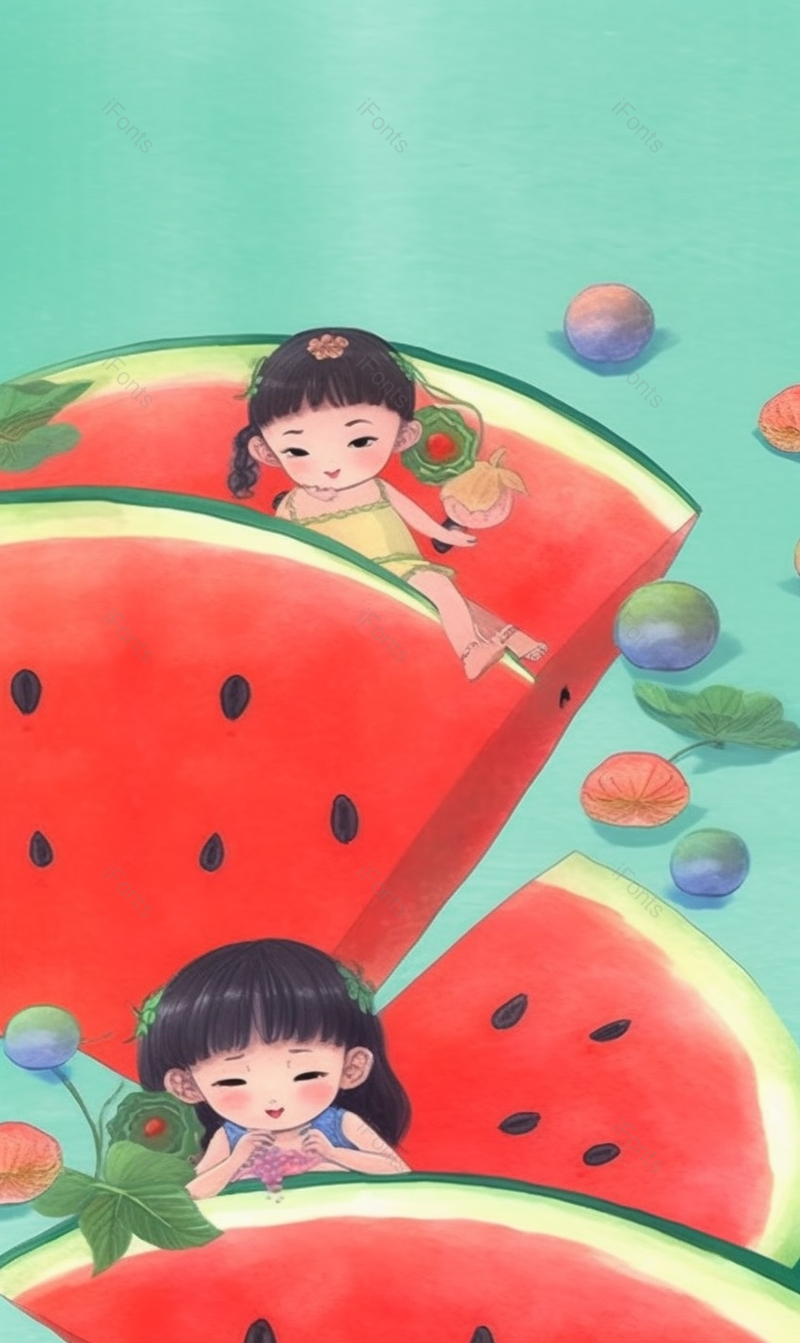 水果西瓜模型萌娃玩耍儿童节创意插画素材壁纸,插画/手绘图,插画/手绘图库,插画/手绘图下载,插画/手绘